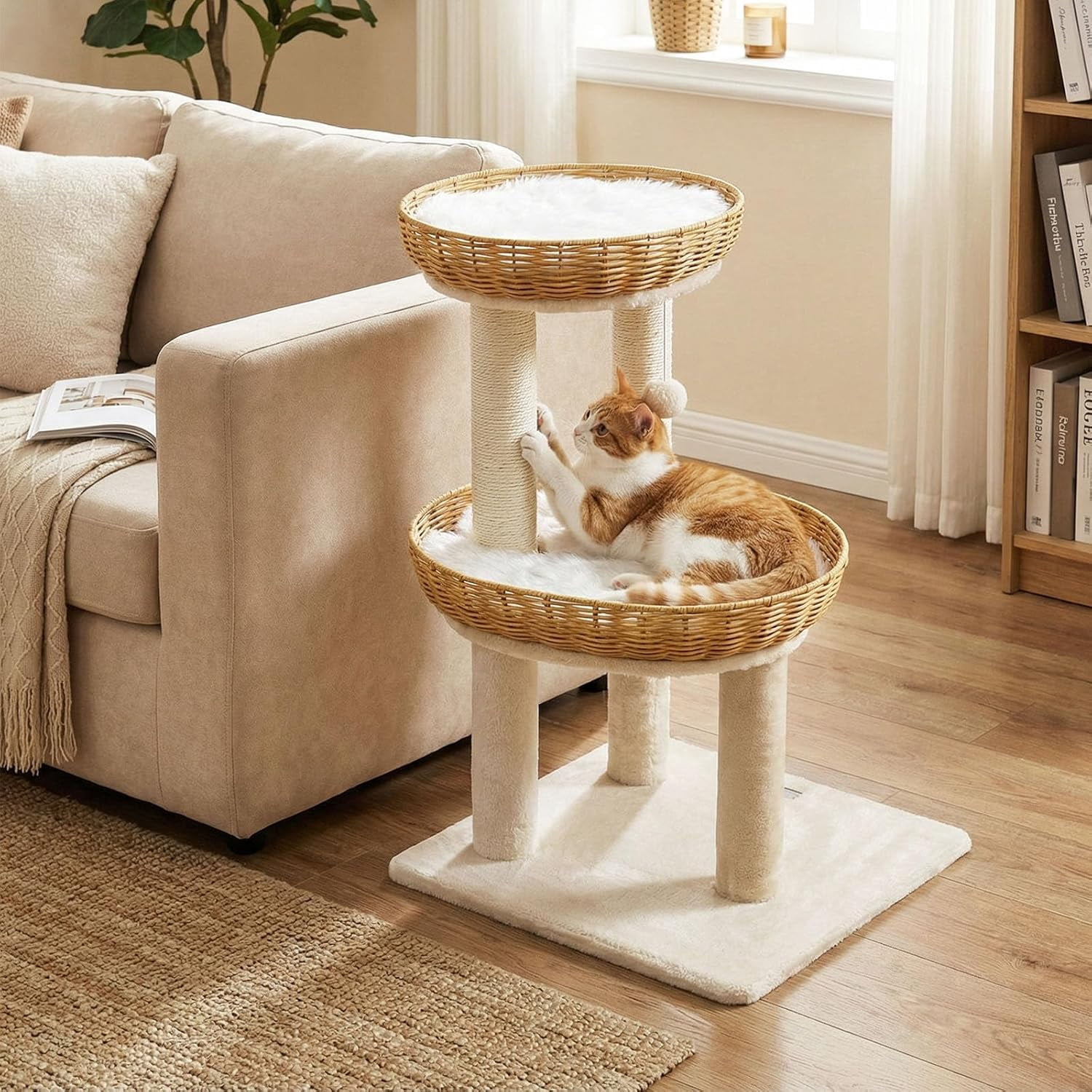 Hejuchuangli 30-inch Small   Cat Tree, Multi-Level Cute Cat Tower with Sisal Scratching Posts, 2 Comfy Large Perches with Soft Removable Pads, and Hanging Ball, Ideal for Indoor Cats and Kittens