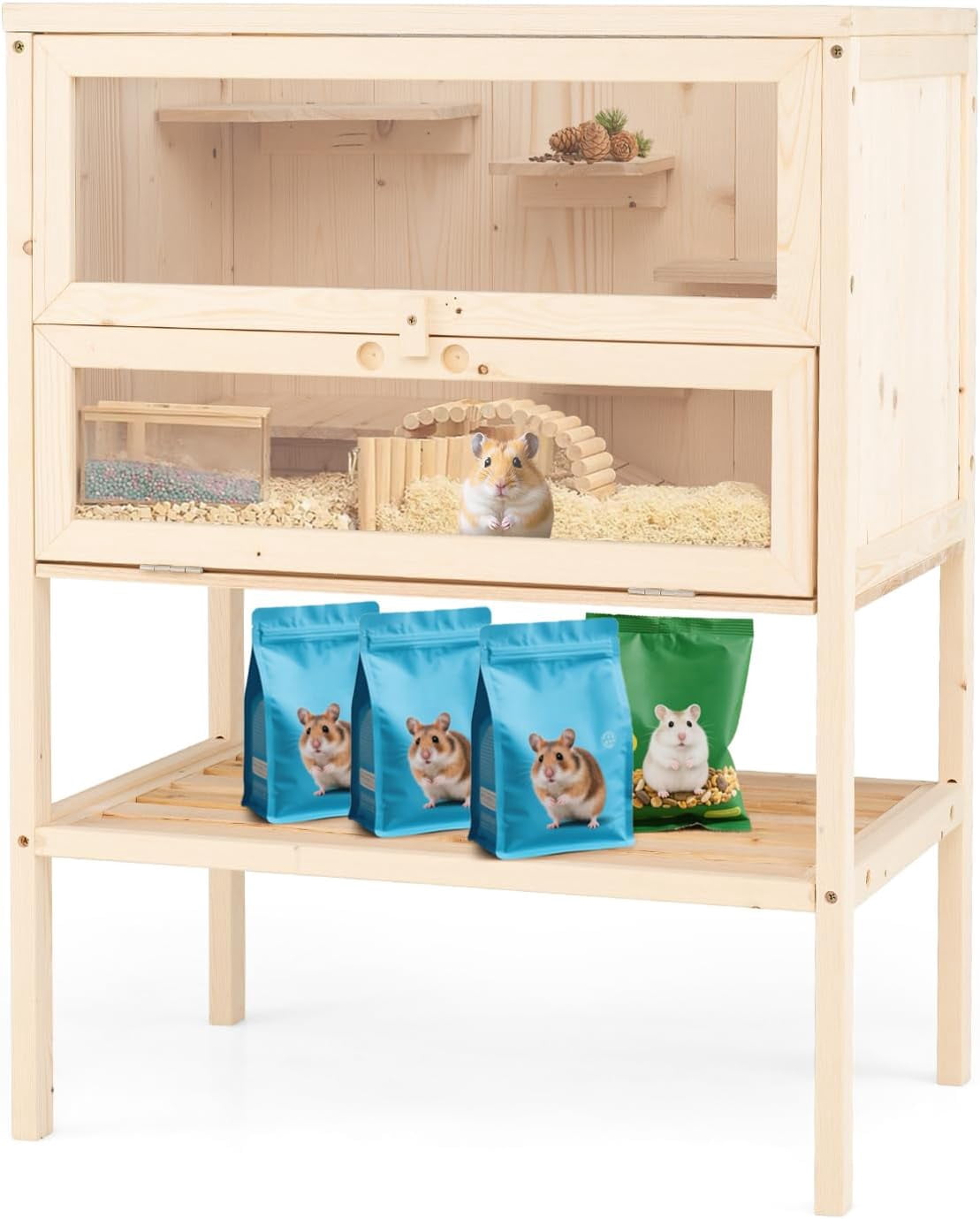 Hejuchuangli 31.5 Inches Freestanding Wooden Hamster Cage, Chew-Proof 2-Layer Hamster House with Full Transparent Viewing, Flip-Top Roof, and Storage Shelf, Ideal for Dwarf Hamster and Gerbils