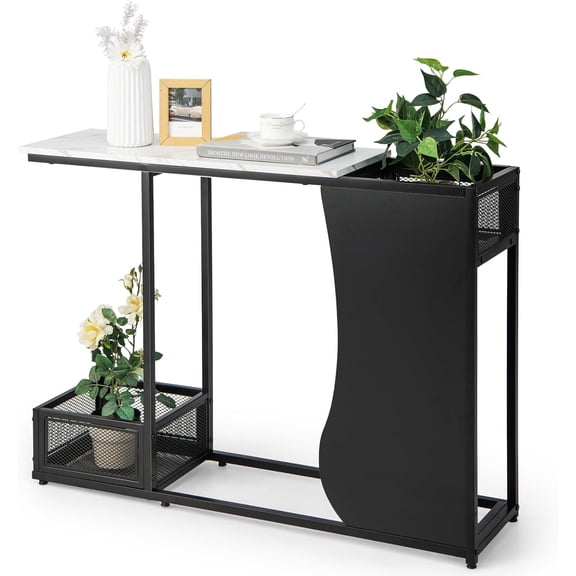 Hejuchuangli 43.5 Console Table, Modern Entryway Table with 2 Storage Baskets and Faux Marble Top, Narrow Sofa Side Accent Table with Metal Frame & Adjustable Foot Pads for Living Room, Hallway