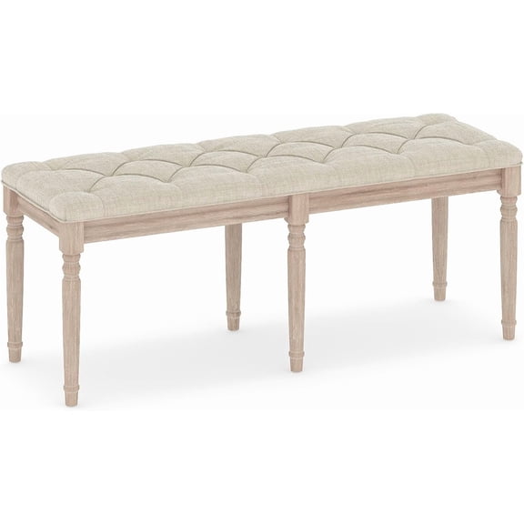 Hejuchuangli 47.5 Upholstered Bedroom Bench, French Tufted End of Bed Bench with Antiqued Legs, Rubber Wood Frame, Farmhouse Entryway Bench with Cushion, Dining Bench for Bedroom, Living Room