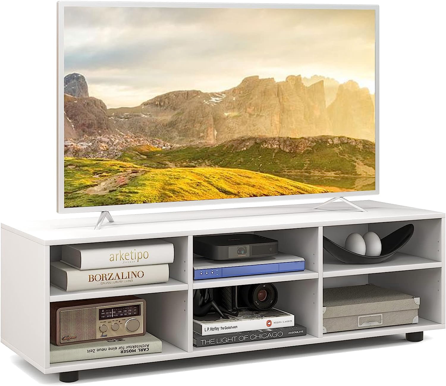 Hejuchuangli 6 Cubby TV Stand for 50+ Inch TV, White Wood TV Media ...