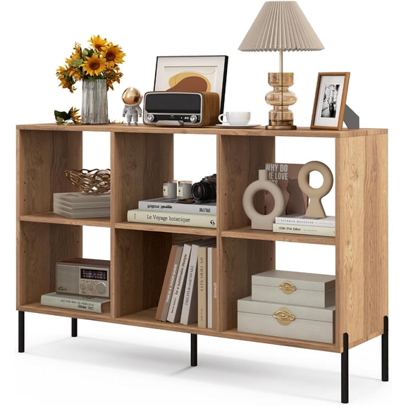 Hejuchuangli 6 Cube Bookcase, 3-Tier Floor Open Bookshelf with 5 Metal Legs, Cube Storage Organizer with Adjustable Shelves, Modern Display Shelving for Living Room, Study, Bedroom, Office (Natural)