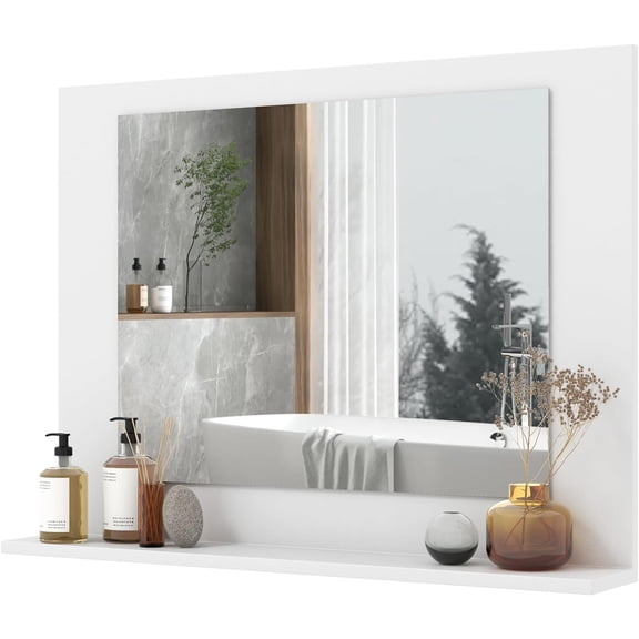 Hejuchuangli Bathroom Mirror with Shelf, 23.5" x 17.5" Rectangle Vanity Mirror with Exquisite Frame, Expansion Screws, Wall Mounted Horizontal Hanging Mirror for Entryway, Living Room (White)