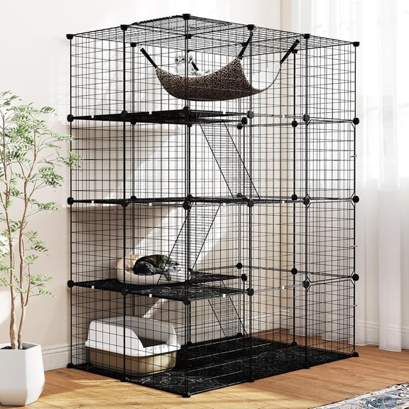 Hejuchuangli Cat Cages Indoor, 56" Large 4-Tier Cat Enclosure with Skylight, Hammock, 3 Ladders, Detachable Metal Wire Kennel with 4 Lockable Doors, DIY Cat Crate & Pet Playpen Catio for 1-4 Cats