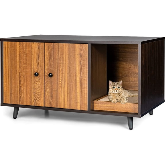 Hejuchuangli Cat Litter Box Enclosure, Wooden Litter Box Cabinet with Divider, Scratching Pad & Metal Legs, Litterbox Enclosure Furniture with Double Doors, Hidden Litter Box, 35.5 x 20 x 20 inch