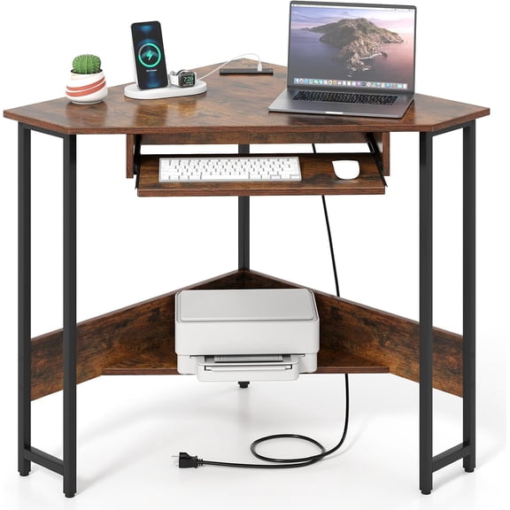 Hejuchuangli Corner Desk, Triangle Computer Desk Storage Shelf, Home Office Desk with Built-in Power Outlet, Industrial Writing Desk, Heavy-duty Space-saving Laptop Desk Workstation
