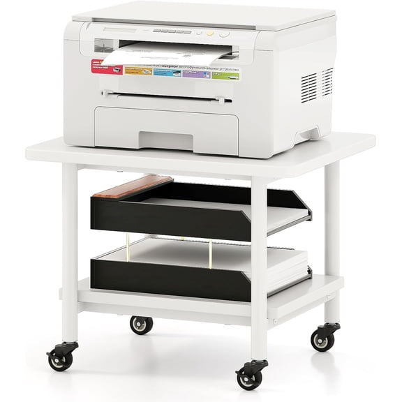 Hejuchuangli Under Desk Printer Stand, 2-Tier Mobile Printer Table with Storage Shelf, Metal Frame, Rolling Printer Cart Holder Storage Rack with Lockable Wheels for Home Office, White