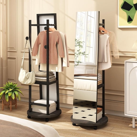 Hejuchuangli Full Length Mirror with Coat Rack, 55 18 Standing Mirror Coat Rack with Storage Hanger, Open Shelves and Lockable Wheels, Floor Mirror with Stand for Living Room, Bedroom
