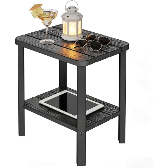 Hejuchuangli HDPE Outdoor Side Table, 2-Tier Adirondack End Table Wood-Like Grain 16" Waterproof Square Storage Tables for Patio Pool Backyard Lawn and Indoor(Black)