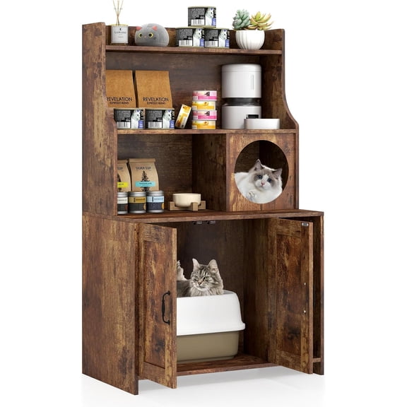 Hejuchuangli Industrial Cat Litter Box Enclosure with Storage Shelves, 2-in-1 Wooden Hidden Litter Box Furniture with 3-Tier Open Shelf, 51-Inch Tall, Rustic Brown