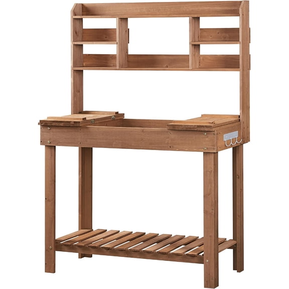 Hejuchuangli Potting Bench Germination Table - Wood Garden Work Bench Flatform w/Display Rack/Practical Storage Prganizer for Backyard, Patio and Balcony, Brown