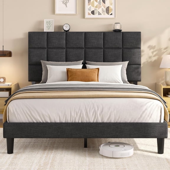 Hejuchuangli Queen Platform Bed Frame with Linen Upholstered Adjustable Tall Headboard, No Box Spring Needed, Anti-Noise EVA Sponge, Easy Assembly, One-Box Shipping, 7.5 Inch Under Bed Storage