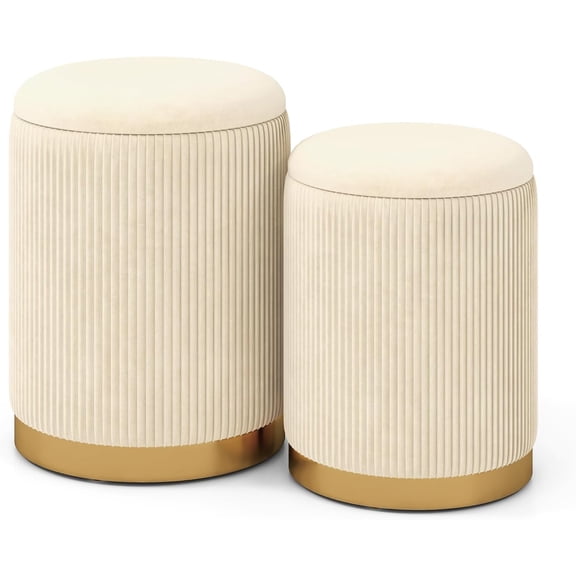 Hejuchuangli Velvet Storage Ottoman Set of 2, Modern Round Ottoman with Storage, Upholstered Footrest with Gold Hoop, Vanity Stool Chair, Stackable Footstool for Living Room, Bedroom, Beige & Golden