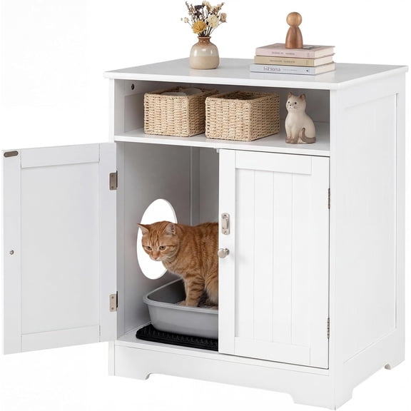 Hejuchuangli White Cat Litter Box Enclosure, Modern Hidden Litter Box Furniture with Open Storage Shelf and Litter Mat, Cat Box Cabinet Side Table Nightstand for Indoor Cats, 23.5 x 17 x 27.5 in