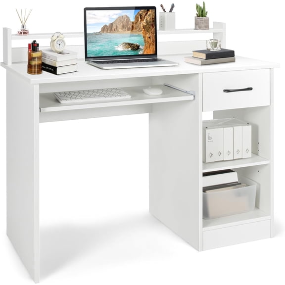 Hejuchuangli White Desk with Drawer & Keyboard Tray, 22 Inch Wide Modern Study Writing Desk with Desktop Hutch & Storage Shelves, Home Office Desk for Teens, Wood PC Laptop Desk, Desk for Bedroom