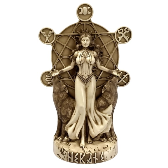 Hekate Goddess Resin Statue 24cm Antique Imitation Figurine with Wolves and Symbol Board Tabletop Decorative Ornament for Altar Home Display Collection Gift
