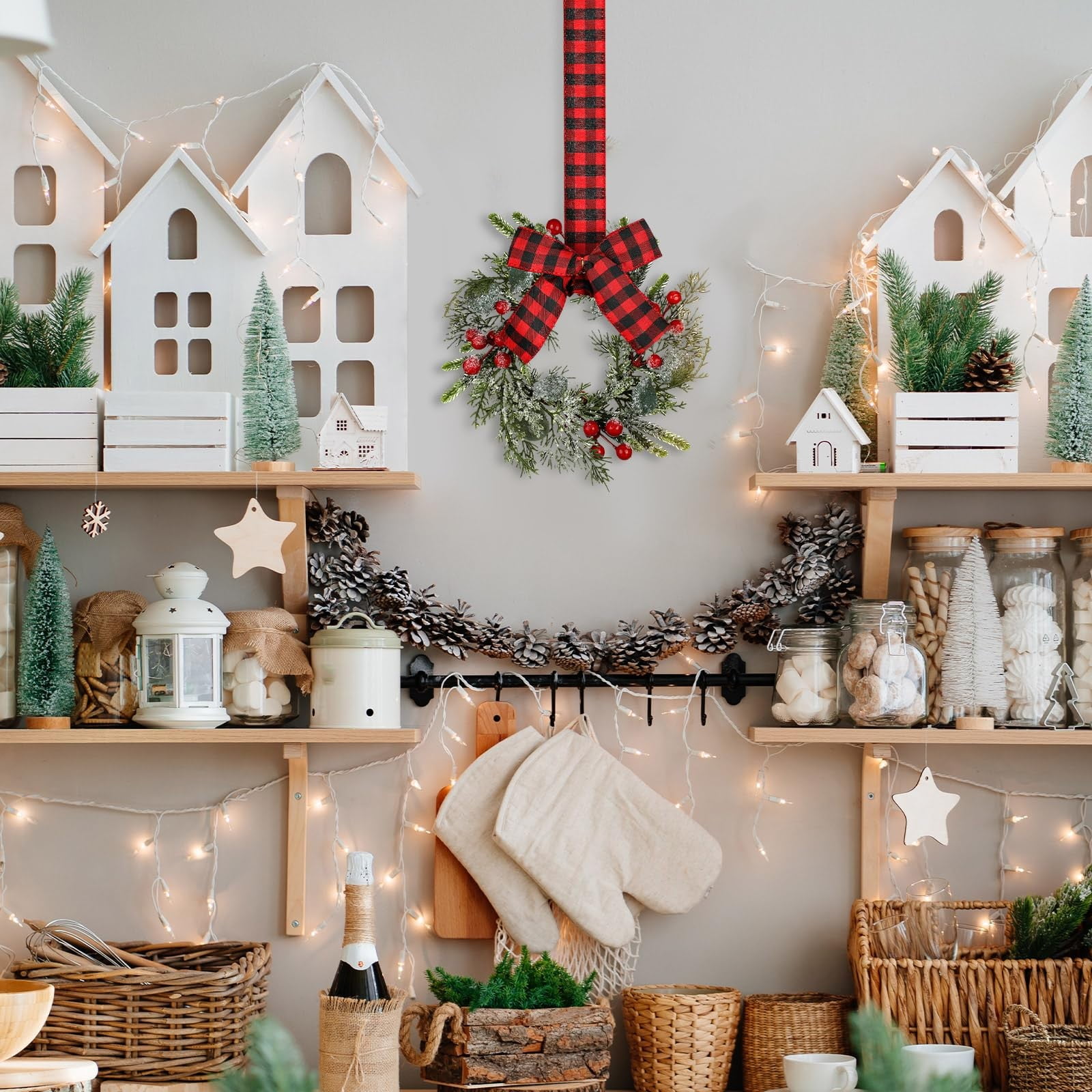 Hekwup Christmas Kitchen Wreaths With Plaid Bow Ribbon Hanging
