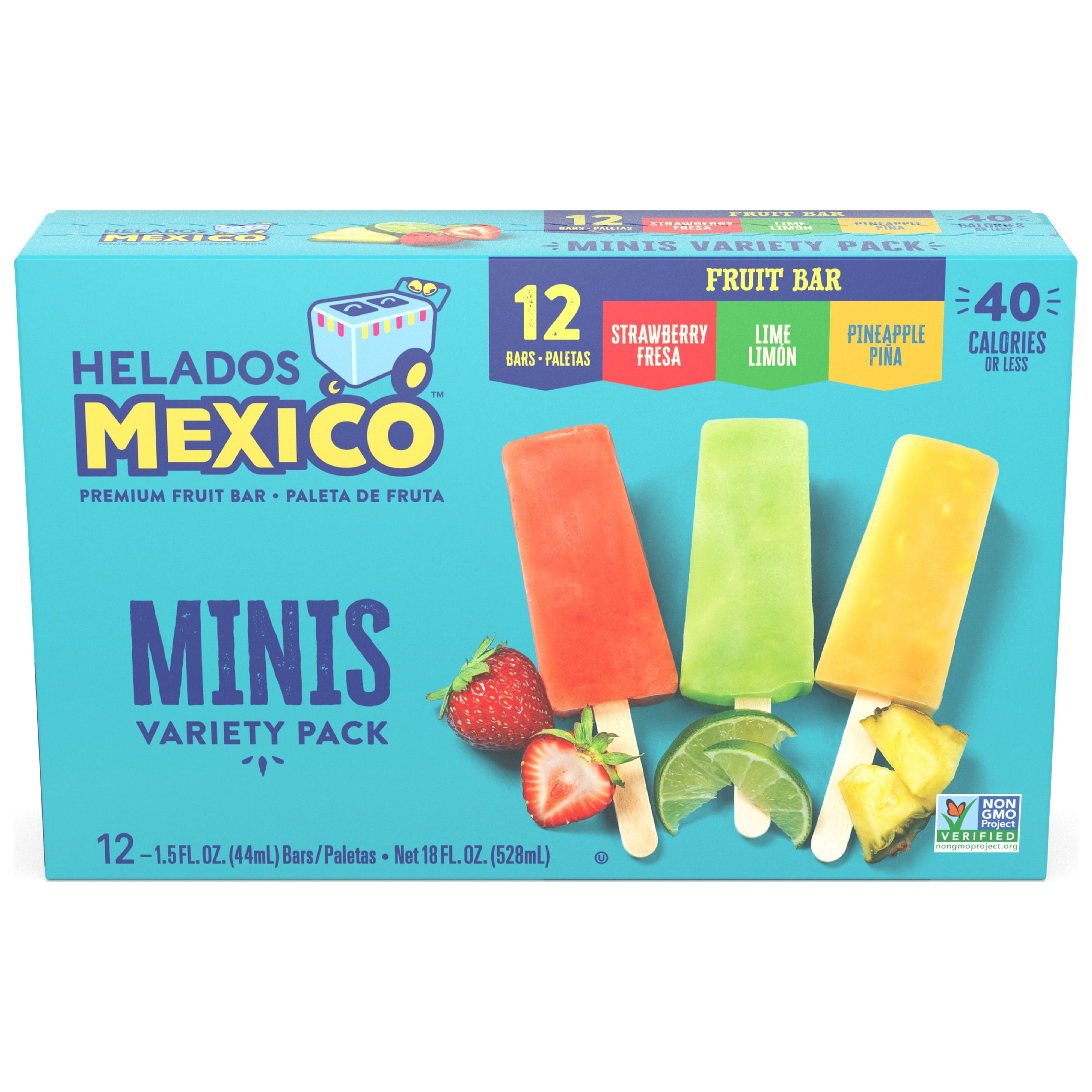 Helados Mexico Minis Strawberry, Lime, and Pineapple Real Fruit Bars, Variety Pack, Frozen Popsicles, Gluten-Free, 18 oz, 12 count