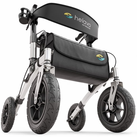 Helavo All Terrain Rollator Walker, 12" Rubber Tires, Height Adjustable, Foldable, 300 lb Capacity