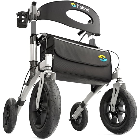 Helavo All Terrain Rollator Walker with Seat, 12 Inch Rubber Tires, Silver, 300 lb Capacity