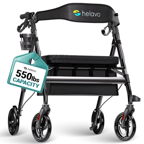 Helavo Heavy Duty Mobility Walker, Large Seat, 8" Pneumatic Wheels, Height Adjustable, 550 lbs Capacity