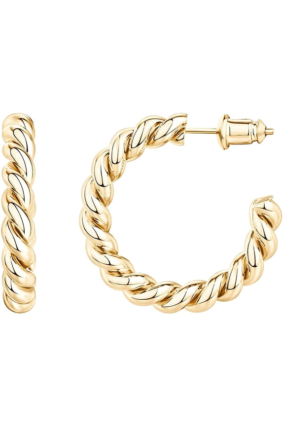 14K gold-plated 925 sterling silver twisted rope hoop earringsB
