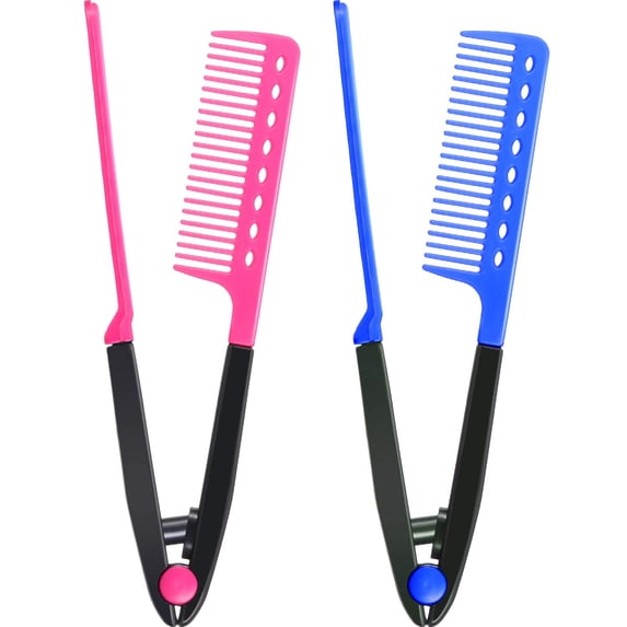 Heldig 2 Pieces Flat Iron Comb Straightening Comb Salon Hair Brush Combs Hairdressing Styling Hair Straightener V-shaped Straight Comb Straightener (Rose Red, Blue)B