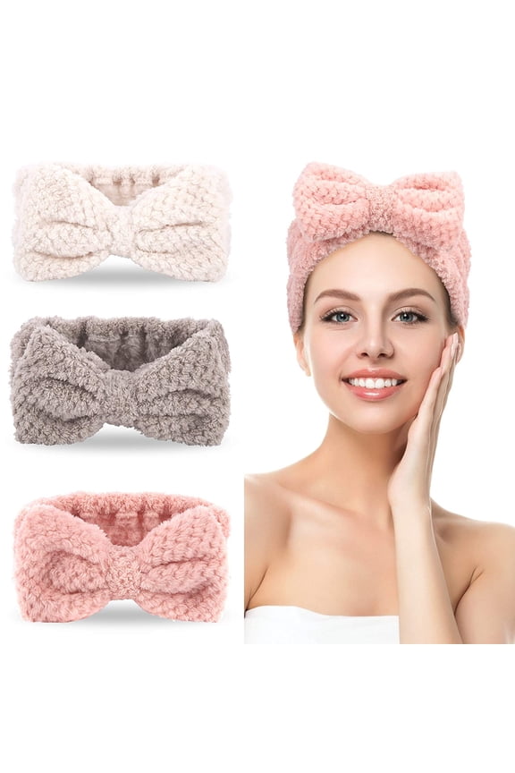 3 Pack Spa Headbands Microfiber Bowtie Headbands Makeup Headband Skincare Headbands Facial Headband Face Wash Headband Face Washing Headband Towel Headbands (White,Pink,Gray)