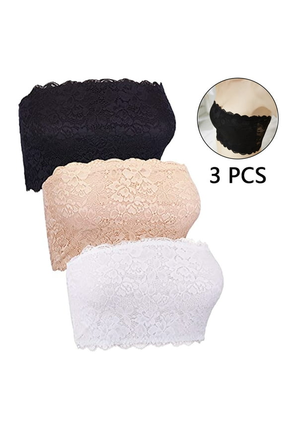3 Pieces Women's Floral Lace Tube Top Bra Bandeau Strapless Bras Seamless Stretchy Chest Wrap