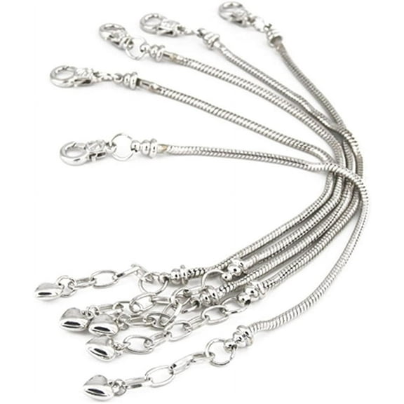 Heldig 5pcs Silver Plated Snake Chain Charm Bracelet Starter with Classic Bead Lobster Clasp Fits All Beads