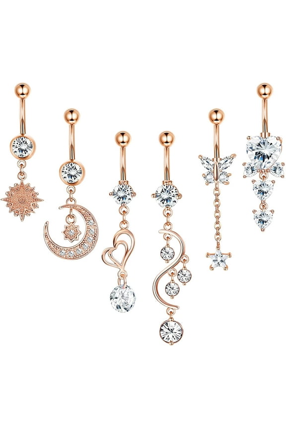 6Pcs 14G Belly Button Rings Dangle for Women Surgical Steel Navel Rings Body Piercing Jewelry