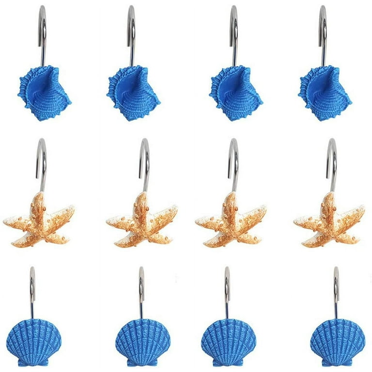 Heldig Hanger Shower Curtain Hook Curtain Ring 12pcs Resin Decorative Seashell  Starfish Shower Curtain Hooks Hanger Decor Hook Home Bathroom(Blue) 