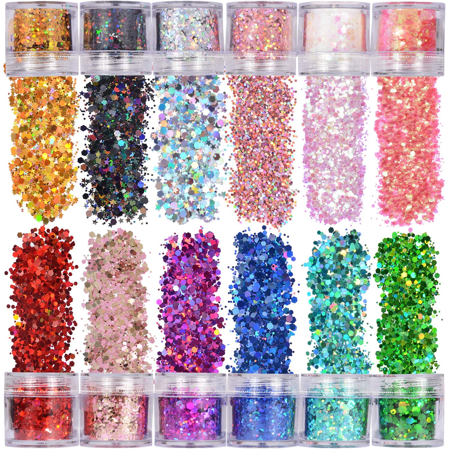 GMMGLT Holographic Chunky Glitter 12 Grids/Box Face Body Eye Hair Nail Festival Chunky Holographic Glitter Different size, DIY Creation Plastic Star Moon