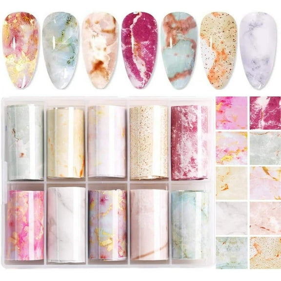 Heldig Marble Nail Foil Transfer Sticker, 10 Rolls Marble Stone Nail Foils Colorful Blooming Print Nail Art Foil Wraps Decals DIY Nail Decoration for Women Girls