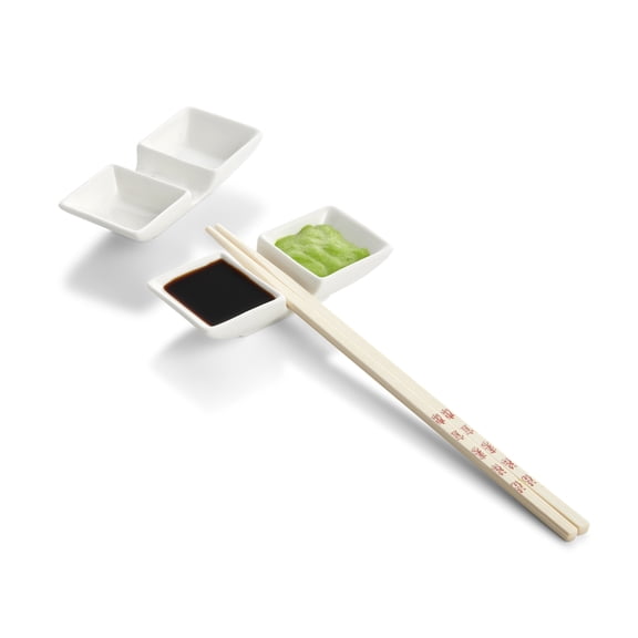 Helen's Asian Kitchen 2-Section Sauce Dishes with Chopstick Rest, Ceramic, Set of 2