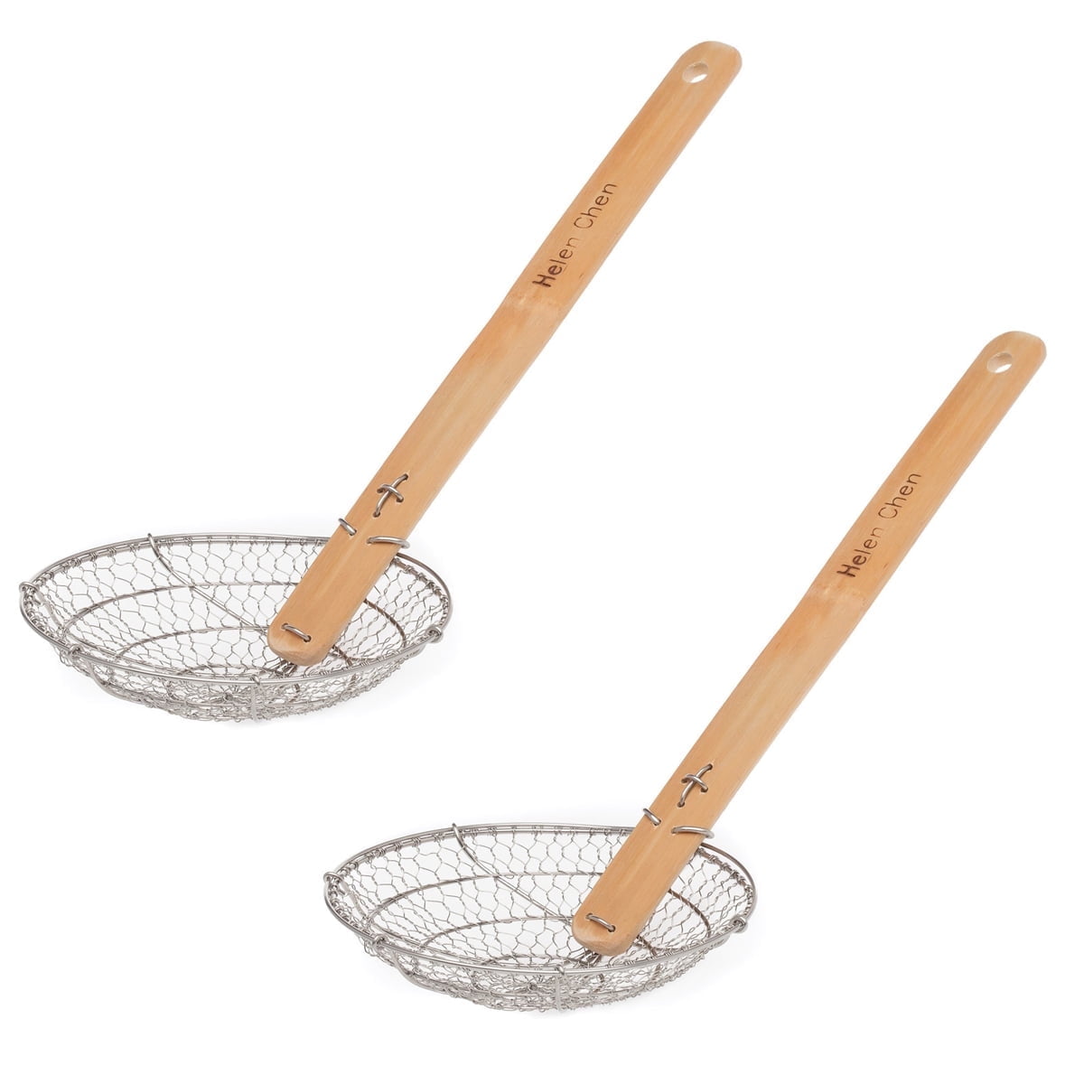 Helen’s Asian Kitchen Spider Strainer, Stainless Steel Mesh with Natural Bamboo Handle, 5-Inch Strainer Basket, Set of 2