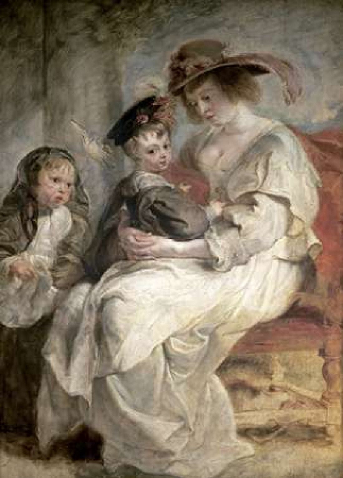 Helena Fourment and Her Children Claire-Jeanne and Francois Canvas Art - Peter Paul Rubens (20 x 28)
