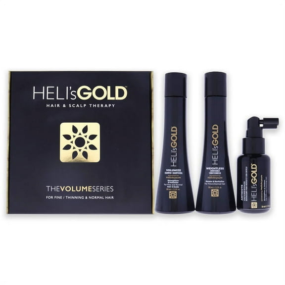 Helis Gold Volume Series Travel Kit 3.3oz Weightless Conditioner, 3.3oz Volumize Shampoo, 1.7oz Antidote Scalp and Hair