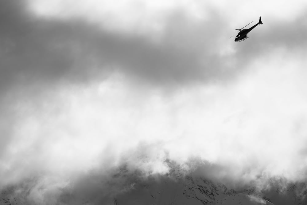 Heli ski helicopter flying amongst fog and clouds New Zealand Canvas Art - Dean Blotto Gray Design Pics (19 x 12)