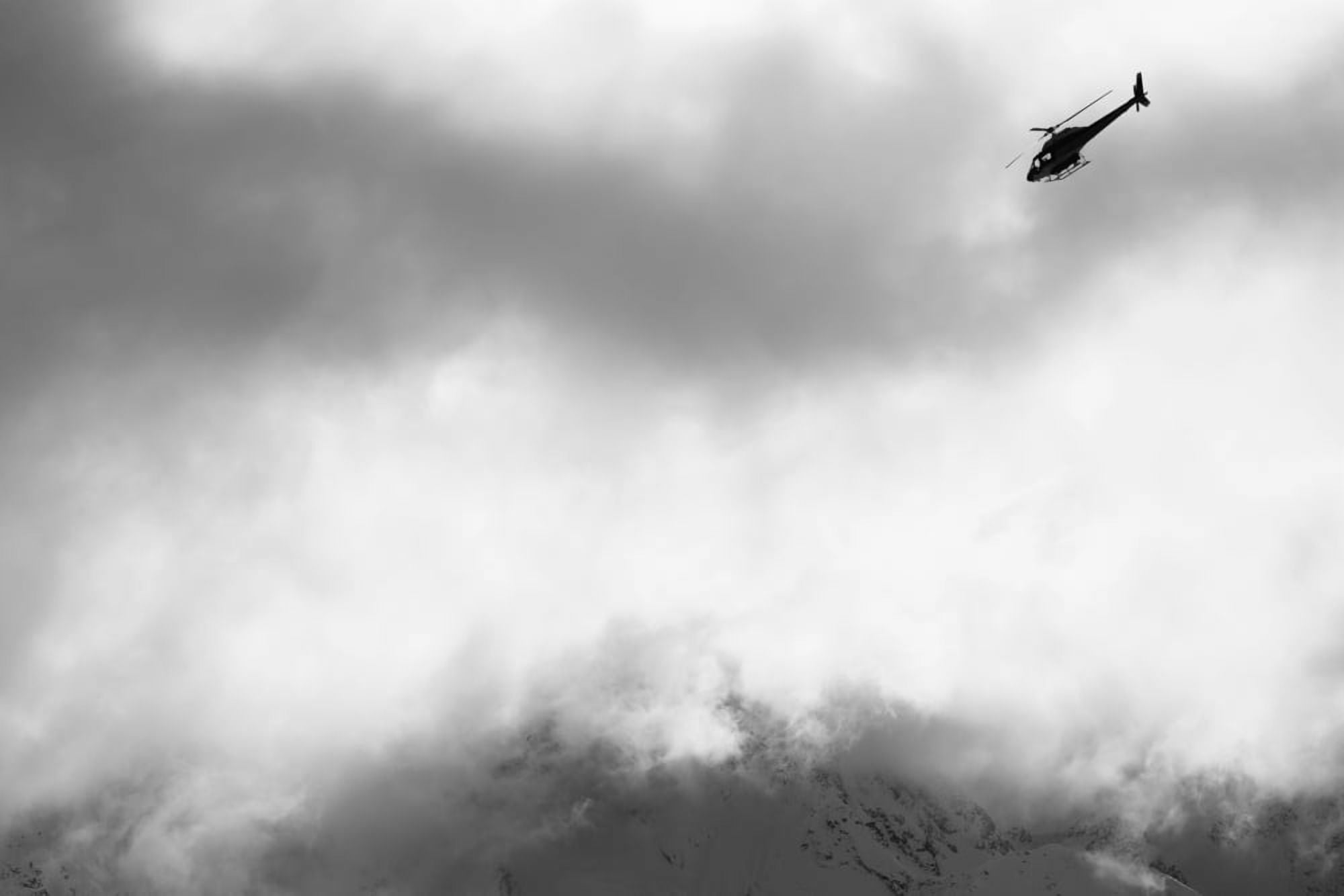 Heli ski helicopter flying amongst fog and clouds New Zealand Canvas Art - Dean Blotto Gray Design Pics (38 x 24)