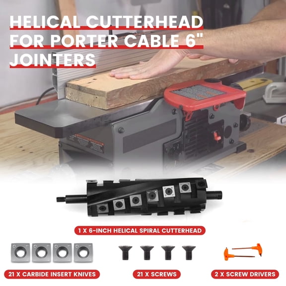 Helical Cutterhead for Porter-Cable PC160JT-6"Jointer,Spiral Planer Blades with Carbide Inserts for Smooth Cuts and Quiet Operation,Includes pre-loaded bearings,21Carbide blades,screws and tool