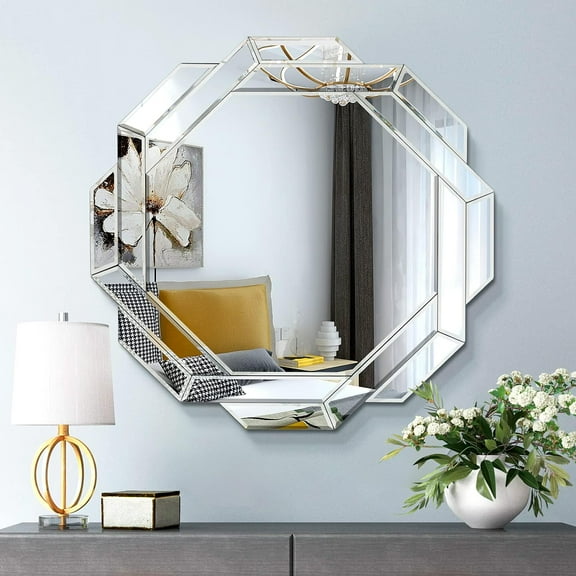 Helicoid Frameless Beveled Wall Mirrors Decorative, 24'' Silver Polished Hexagon Mirror for Wall, Gorgeous Decorative Mirror for Living Room, Entryway, Fireplace