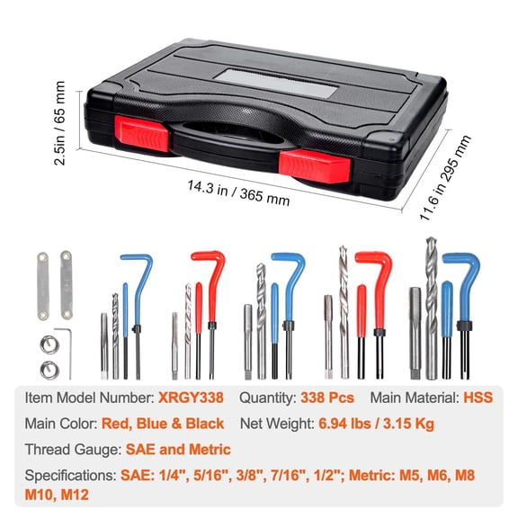 Helicoil Thread Repair Kit,338-Piece SAE&Metric Rethreading Tool Kit,M5,M6,M8,M10,M12,1/4",5/16",3/8",7/16",1/2",HSS Drill Bits Thread Inserts Taps Breakoff Installation Tools