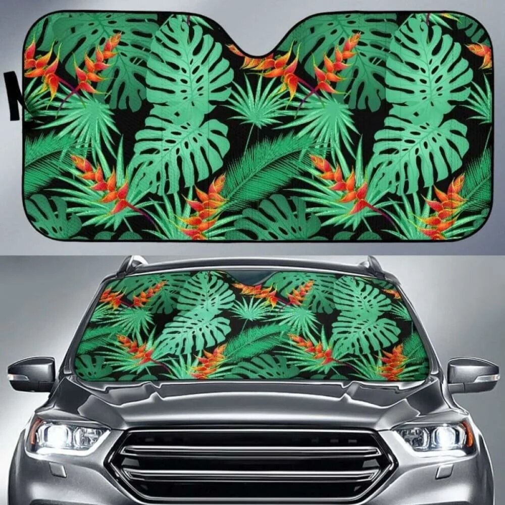 Heliconia Palm Monstera Leaves Sun Visor Car Front Window Universal