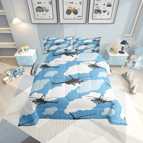Helicopter Bedding Set Aircraft Comforter Set Twin,Airplane Quilt Blue Sky White Clouds Duvet Insert,Military Plane Transport Aeroplane Room Decor