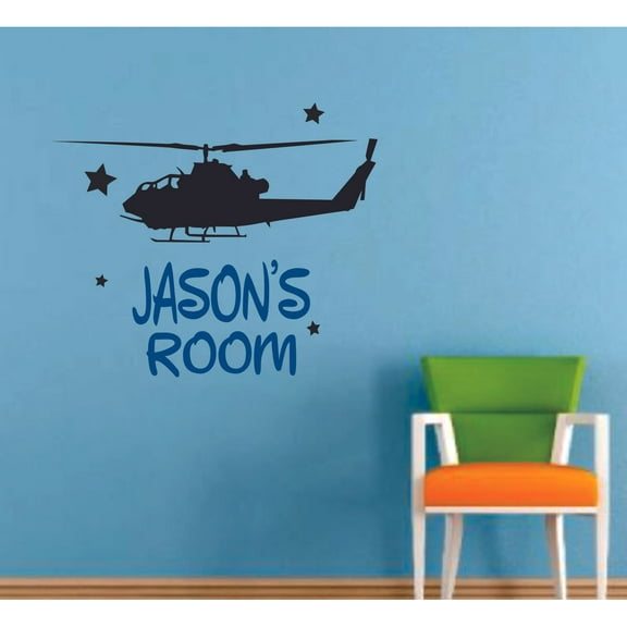 Helicopter Chopper Stars Plane Cartoon Customized Wall Decal - Custom Vinyl Wall Art - Personalized Name - Baby Girls Boys Kids Bedroom Wall Decal Room Decor Wall Stickers Decoration Size (8x10 inch)