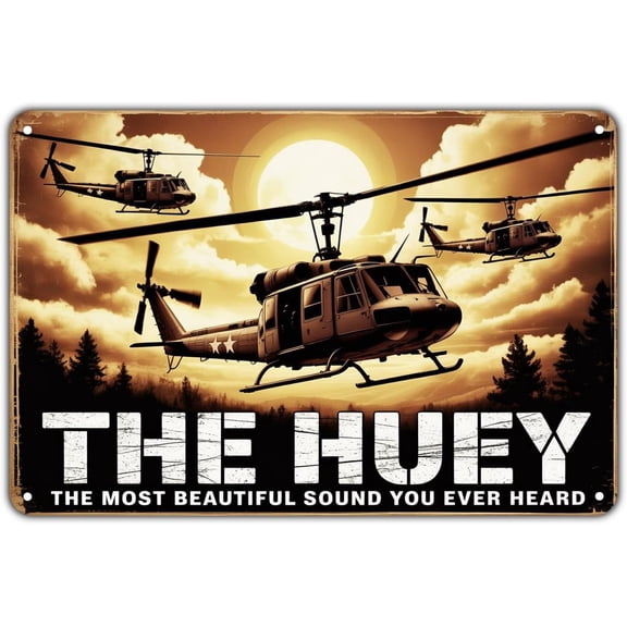 Helicopter Huey tin sign, Vintage Military Aircraft Metal Sign print Aesthetic Room Decoration for Home Bedroom Kitchen Bar Coffee Bathroom Indoor Outdoor Wall Decor, 8 X 12 IN