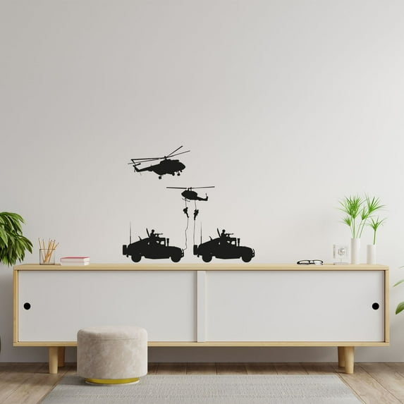 Helicopter Military Tank Swat Team Army Men Soldier Wall Sticker Art Decal for Boys Girls Room Rooms Bedroom Playroom Kid House Home Decor Stickers Walls Art Vinyl Decoration Size (28x30 inch)