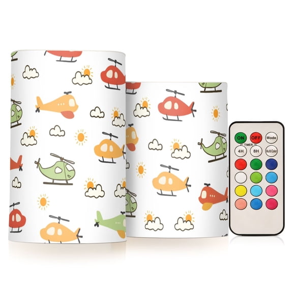 Helicopter Pattern Flameless LED Candle Set with Remote, Battery Operated Color Changing Pillar Candles, Set of 2