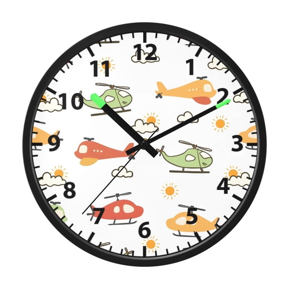 Helicopter Pattern Wall Clock 12 Inch Voice Activated Night Light Silent Non Ticking